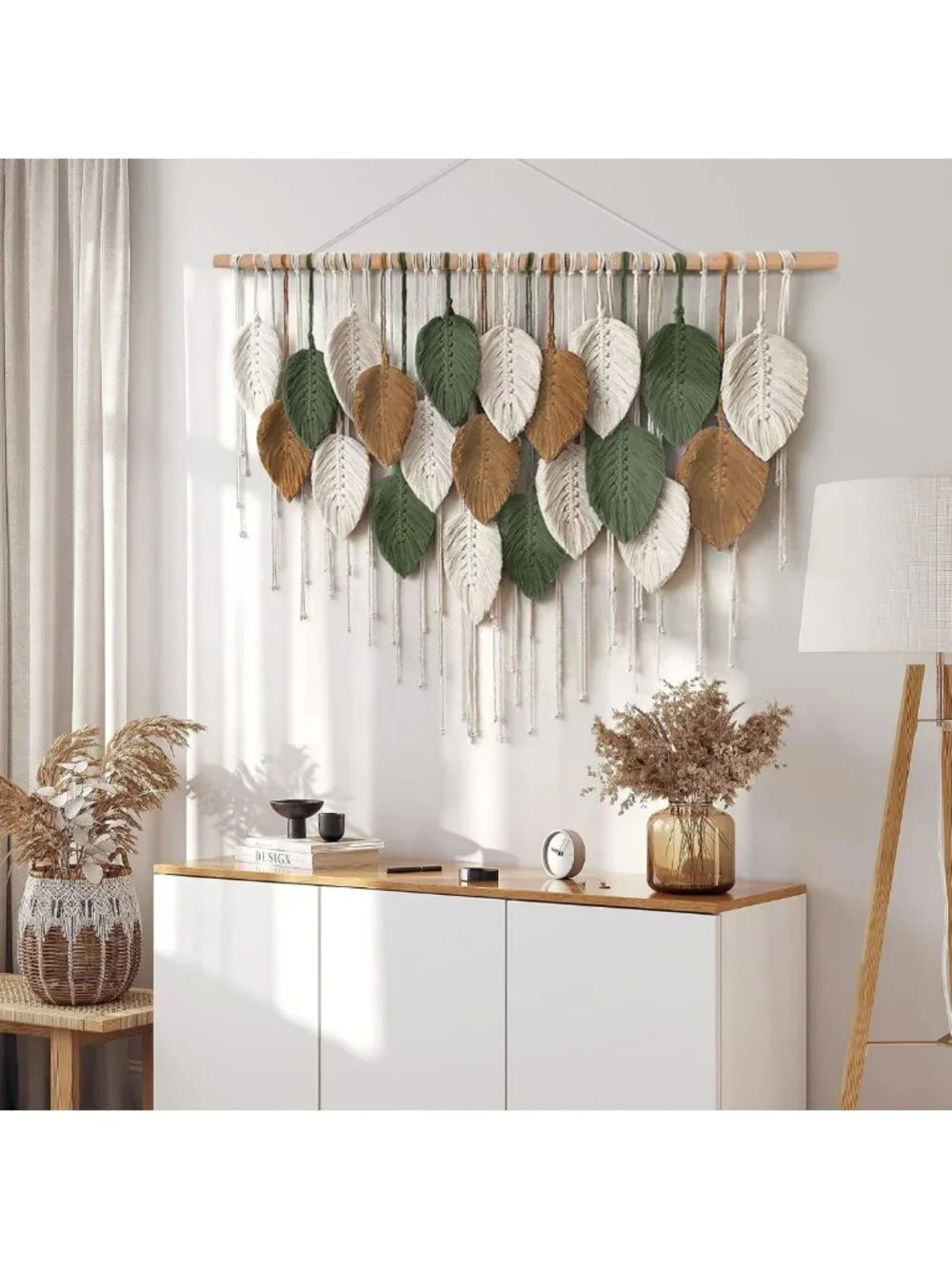 Large Boho Macrame Wall Hanging Tapestry - Chic Handmade Leaf Feather Decor